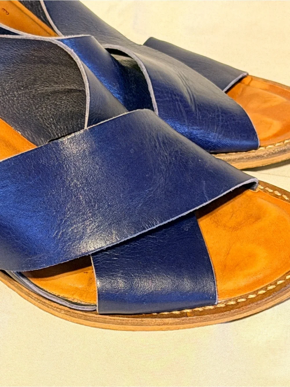 Matisse Navy Blue Genuine Leather Cross Strap Wedge Slide Sandals 7.5 Brazil